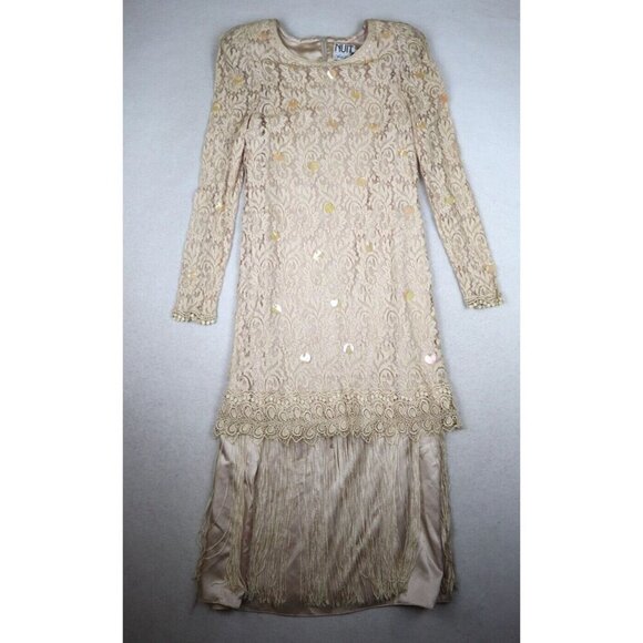 VINTAGE BEIGE LACE SEQUIN FRINGE LONG SLEEVE DRESS - NUIT SAKS FIFTH AVENUE - 10 - Picture 1 of 10